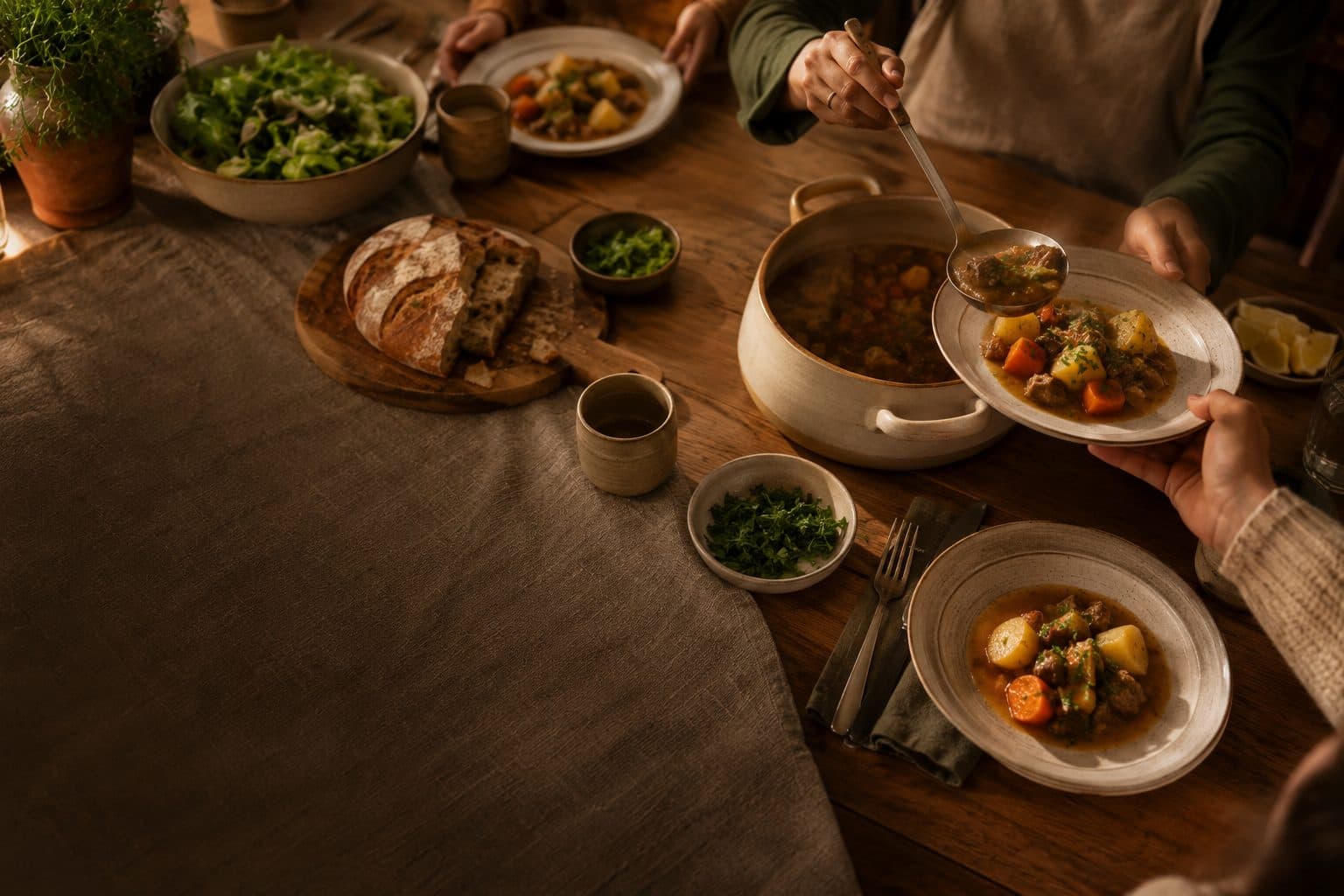 Mesa familiar de almuerzo con un guiso casero siendo servido desde una olla de cerámica