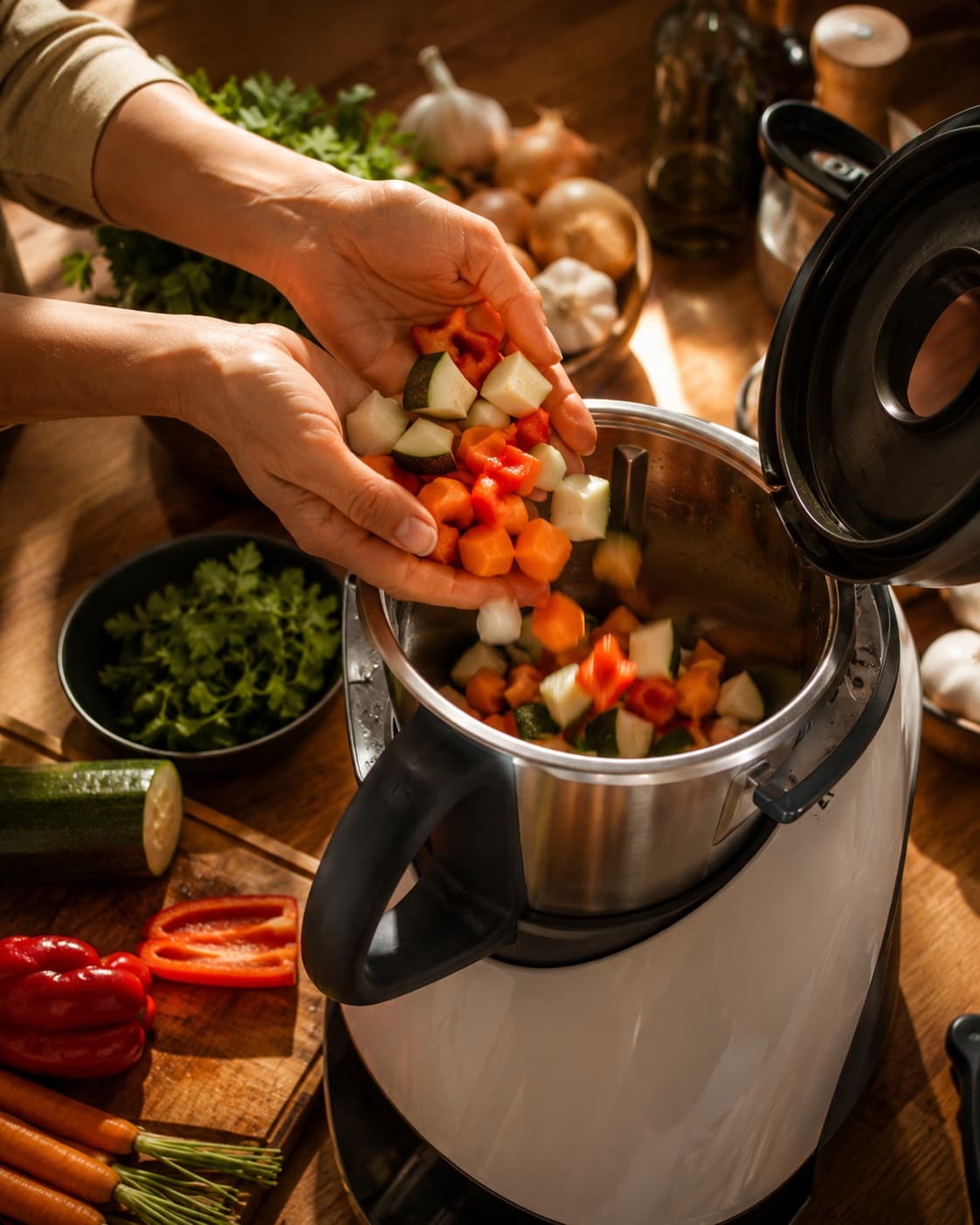 Manos agregando verduras recién picadas a una Thermomix abierta sobre un mesón de madera