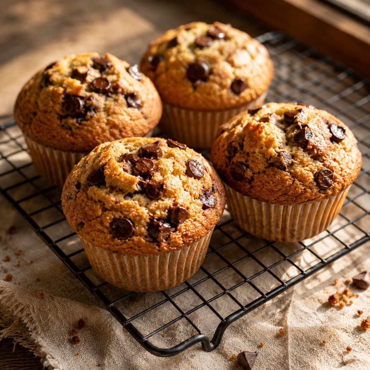Muffins con chips de chocolate sobre una rejilla de enfriado