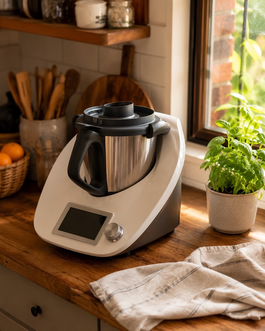 Thermomix sobre el mesón de una cocina hogareña junto a una ventana con luz natural